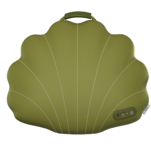 a green shell shaped pillow
