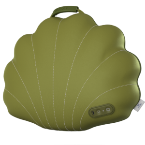 a green shell shaped object with white stitching
